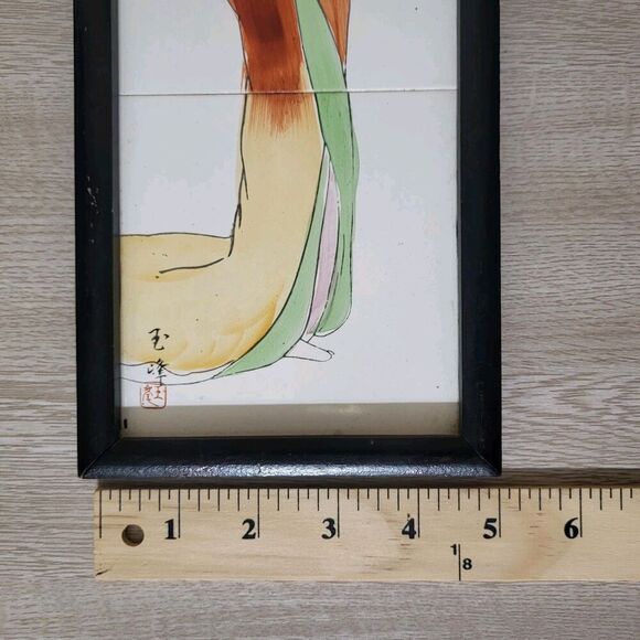 Vtg Japanese Geisha Girl Signed Framed Hand-painted Porcelain Tile- Enesco - MCM - Picture 3 of 10